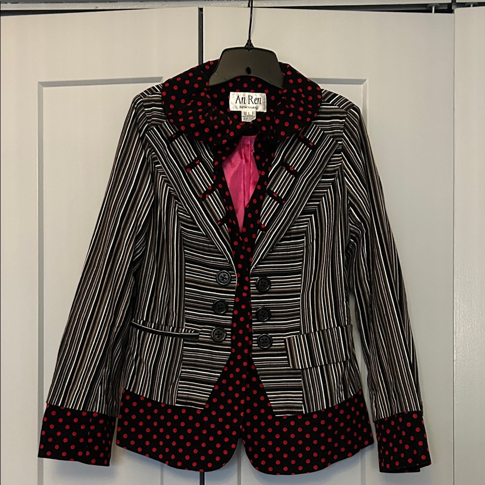 An Ren New York Striped Blazer with Red Polka Dot Accents
